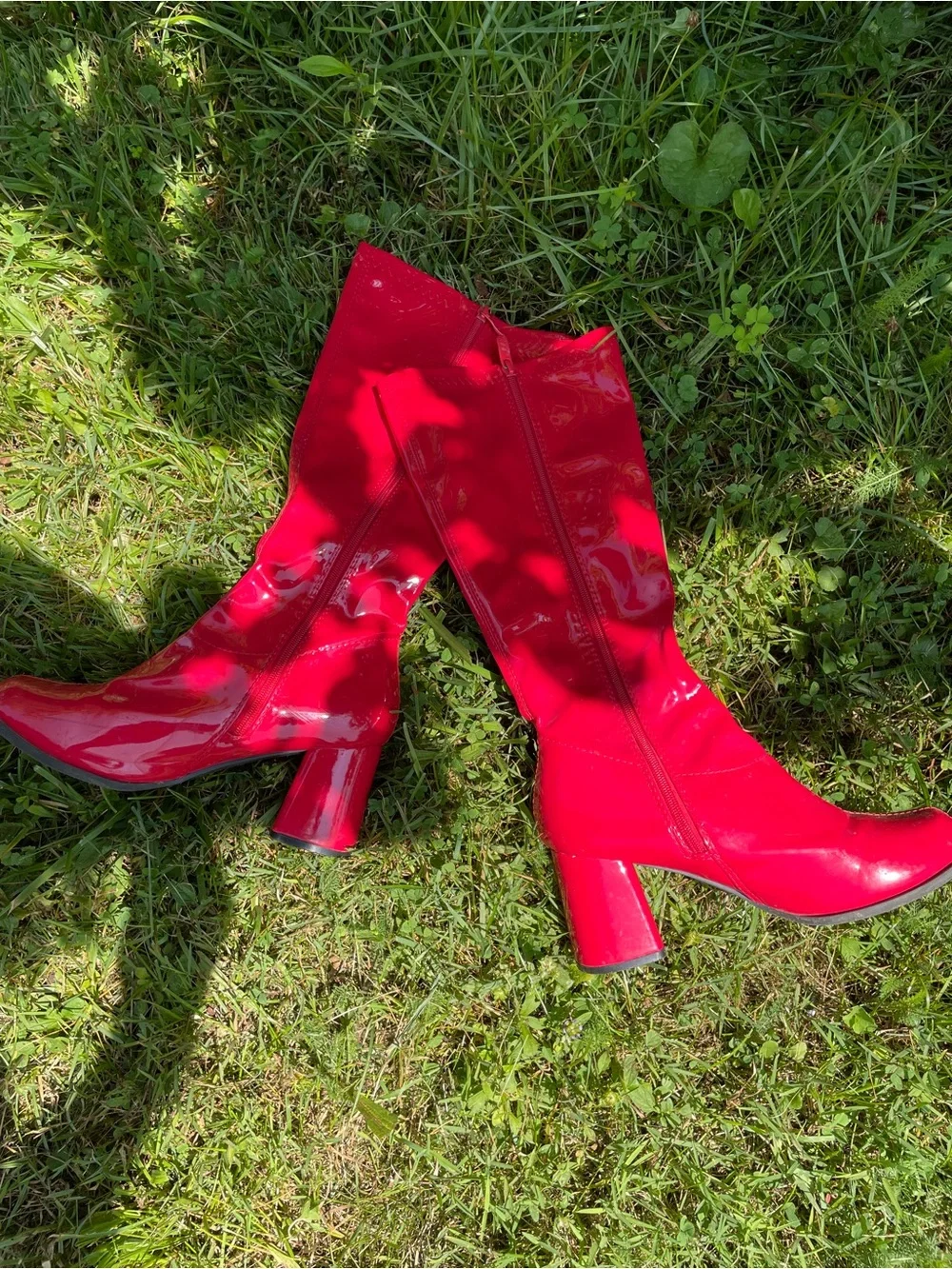 Red Patent Mid-Calf Block Heel Boots - Women